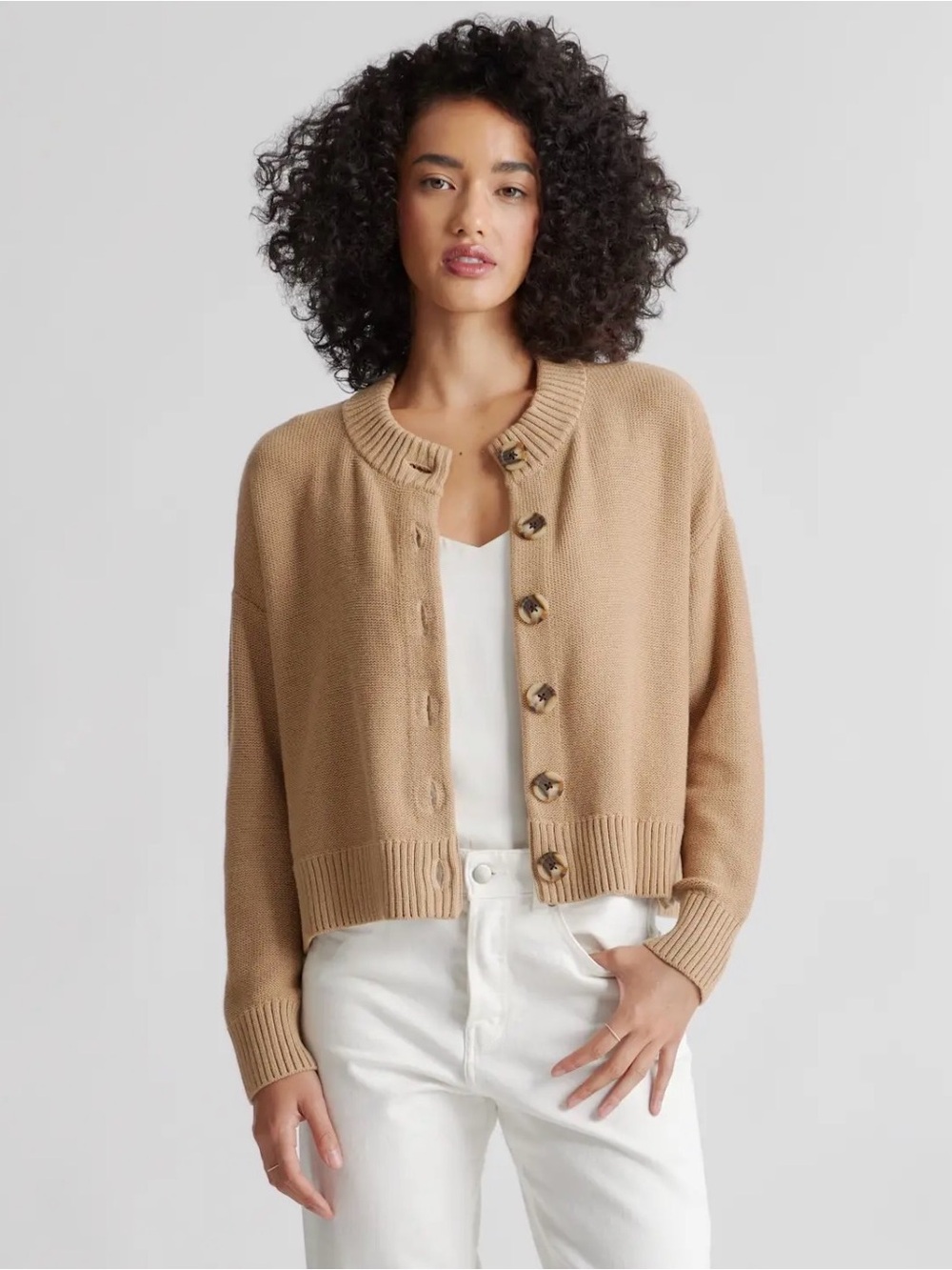 Quince Cropped Tan Button-Up Knit Sweater Cardigan